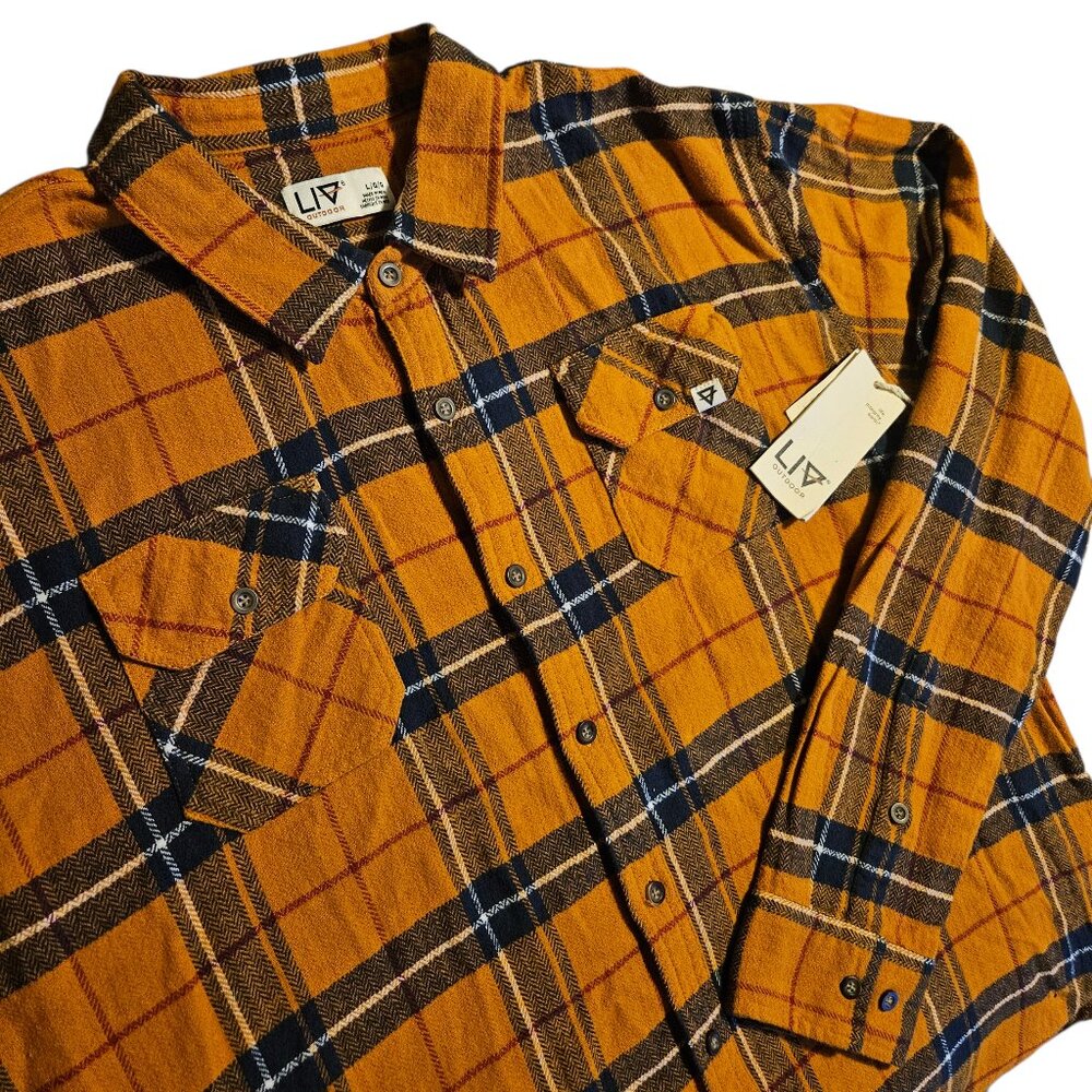 NWT LIV Outdoor Men's Mason Flannel Shirt Large 100% Cotton Button Up Plaid Gold